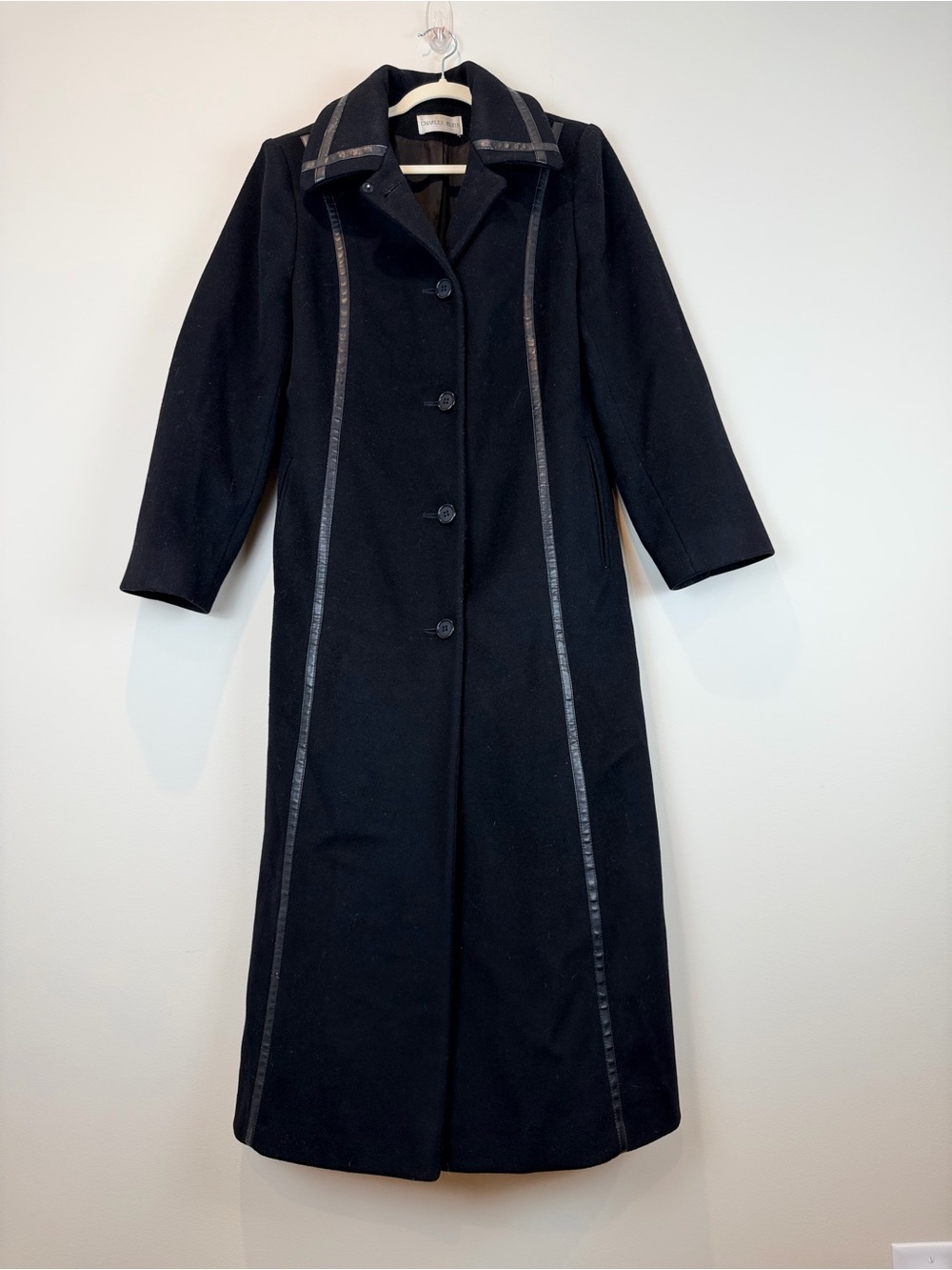 Vintage Charles Klein Women's Wool Long Black Coat & Leather Contrast Trim S/M